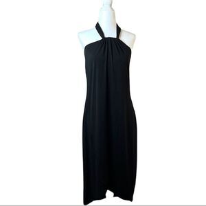 𝅺venus faux wrap strapless black mid length dress Stretchy ties at neck SZ S